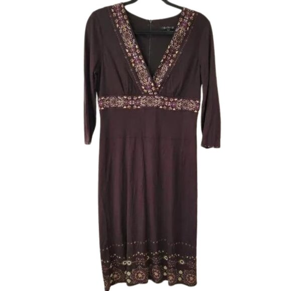 David Meister Tapestry Printed V-Neck 3/4 Sleeve Brown Midi Dress Women's 6 - Picture 1 of 9